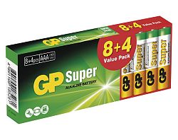 Alkalické baterie GP Super AAA (LR03) 8+4 ks